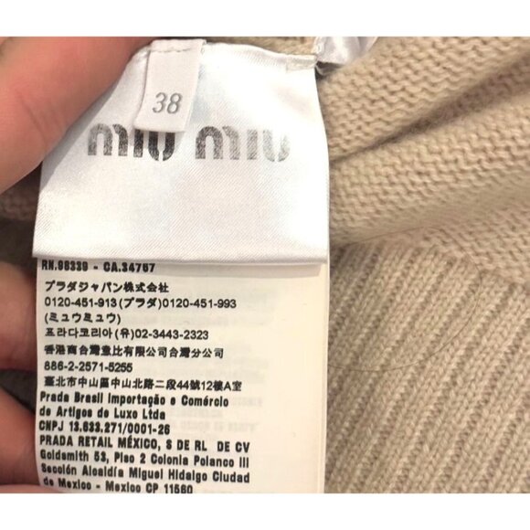 Miu Miu Womens Beige Knit Wool Button-Up Cardigan With Crystal Embellished Logo - Picture 7 of 10